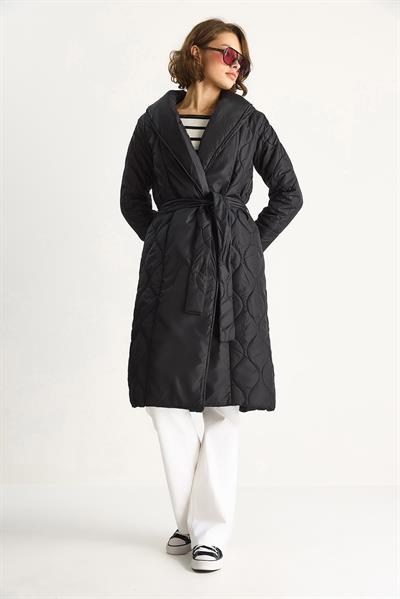 Kuşaklı Şal Yaka Kapitone Kaban 60283538 - Siyah