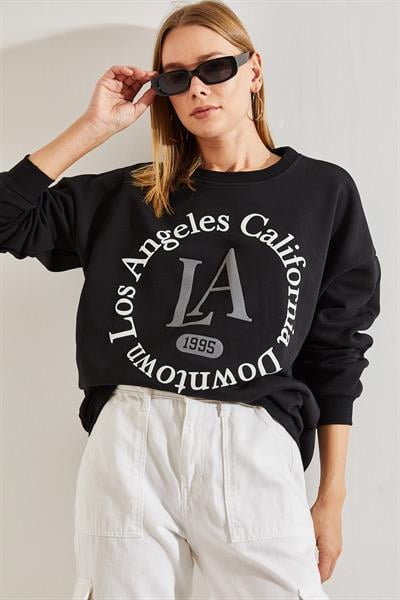Kadın La Baskılı Üç İplik Şardonlu Sweatshirt 40981006 - Siyah