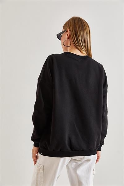 Kadın La Baskılı Üç İplik Şardonlu Sweatshirt 40981006 - Siyah