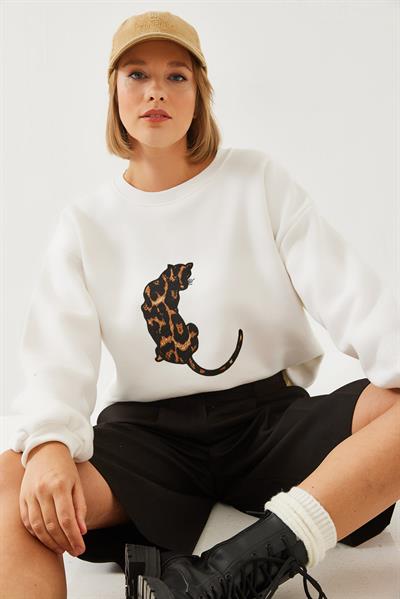 Kadın Leopar Baskılı Üç İplik Şardonlu Sweatshirt 60351105 - Beyaz