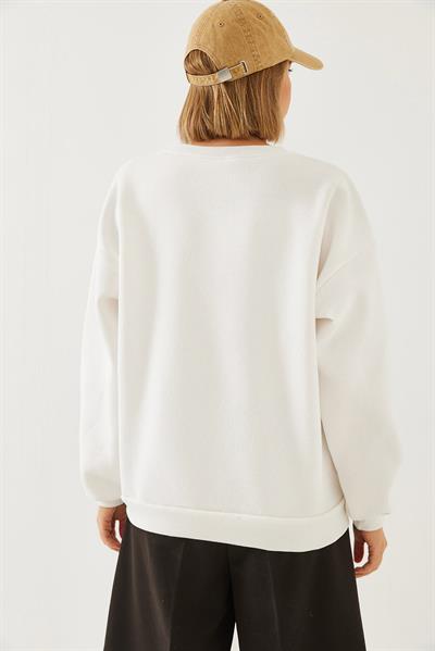 Kadın Leopar Baskılı Üç İplik Şardonlu Sweatshirt 60351105 - Beyaz