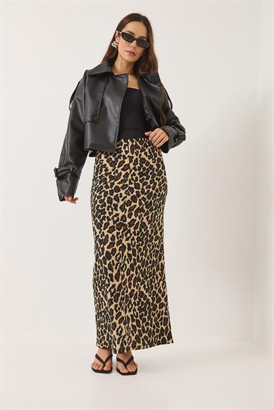 Kadın Leopar Desenli Beli Lastikli Uzun Kalem Etek 0258 60283170 - Leopar
