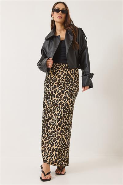 Kadın Leopar Desenli Beli Lastikli Uzun Kalem Etek 0258 60283170 - Leopar