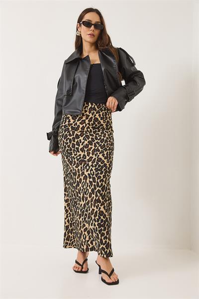 Kadın Leopar Desenli Beli Lastikli Uzun Kalem Etek 0258 60283170 - Leopar