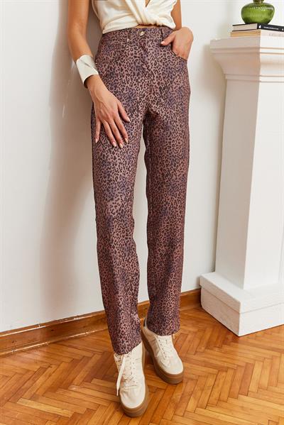 Kadın Leopar Desenli Denim Pantolon MBMS033 60501033 - Kahverengi