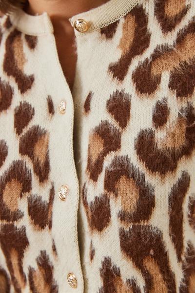 Leopar Desenli Düğmeli Triko Hırka 8007 60351278 - Ekru-Camel