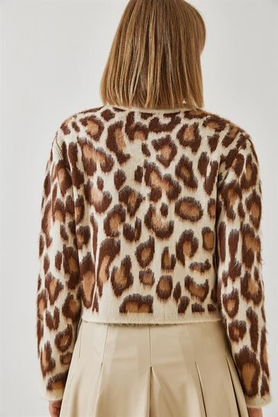 Leopar Desenli Düğmeli Triko Hırka 8007 60351278 - Ekru-Camel