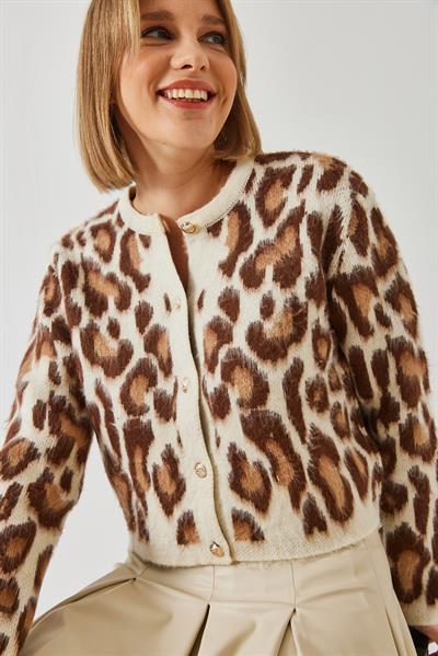 Leopar Desenli Düğmeli Triko Hırka 8007 60351278 - Ekru-Camel