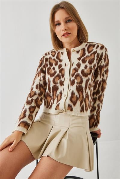 Leopar Desenli Düğmeli Triko Hırka 8007 60351278 - Ekru-Camel