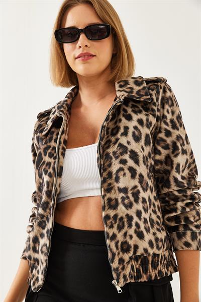Leopar Desenli Fermuarlı Mont 241001 60261009 - Siyah-Camel