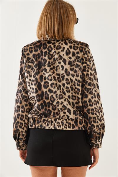 Leopar Desenli Fermuarlı Mont 241001 60261009 - Siyah-Camel