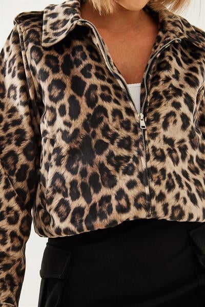 Leopar Desenli Fermuarlı Mont 241001 60261009 - Siyah-Camel