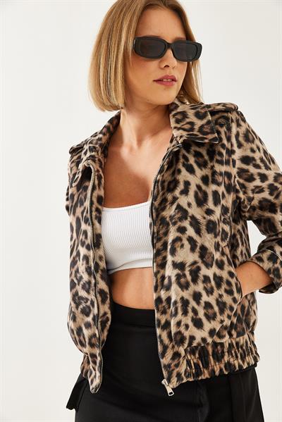Leopar Desenli Fermuarlı Mont 241001 60261009 - Siyah-Camel