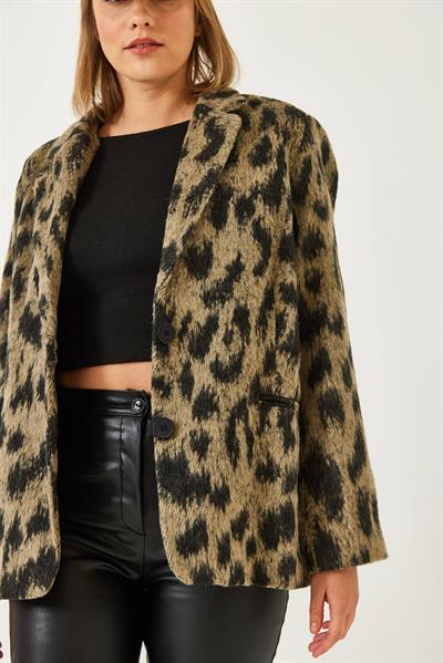 Kadın Leopar Desenli Kaşe Şardonlu Ceket DC241017 60261266 - Siyah-Bej