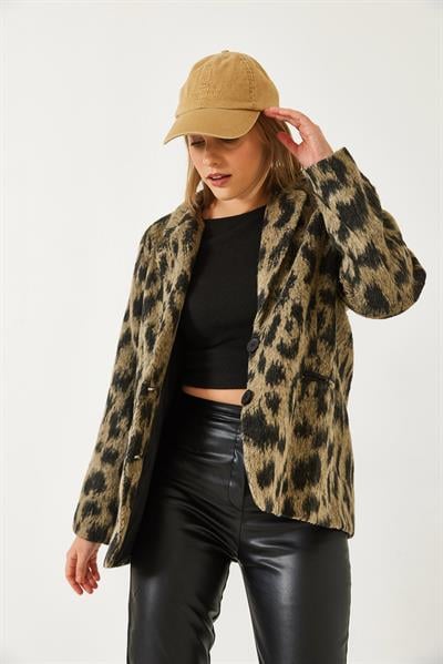 Kadın Leopar Desenli Kaşe Şardonlu Ceket DC241017 60261266 - Siyah-Bej