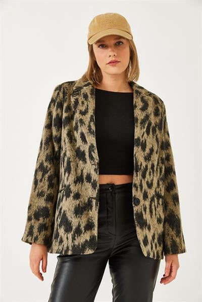 Kadın Leopar Desenli Kaşe Şardonlu Ceket DC241017 60261266 - Siyah-Bej
