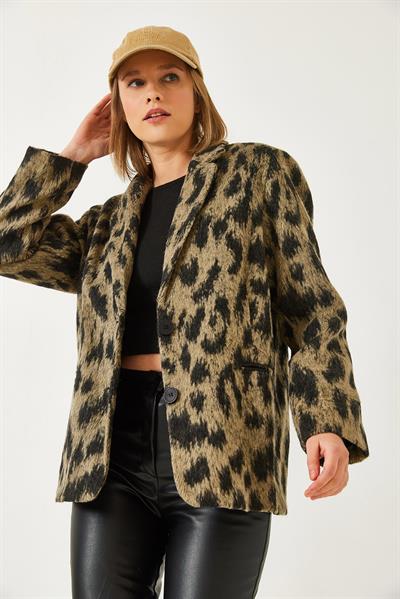 Kadın Leopar Desenli Kaşe Şardonlu Ceket DC241017 60261266 - Siyah-Bej