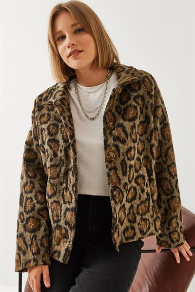 Kadın Leopar Desenli Mont 38143 60351154 - Siyah-Camel