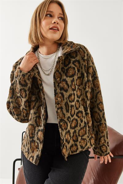Kadın Leopar Desenli Mont 38143 60351154 - Siyah-Camel