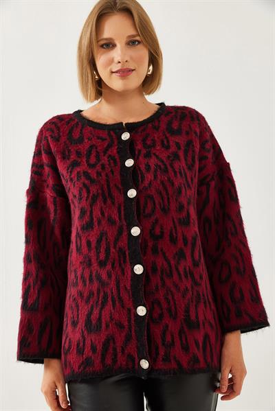 Leopar Desenli Oversize Triko Hırka 60351259 - Bordo