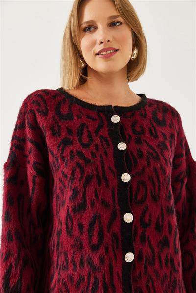 Leopar Desenli Oversize Triko Hırka 60351259 - Bordo