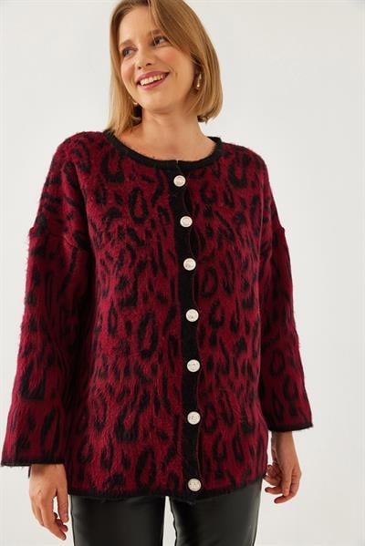 Leopar Desenli Oversize Triko Hırka 60351259 - Bordo