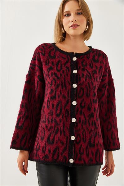 Leopar Desenli Oversize Triko Hırka 60351259 - Bordo