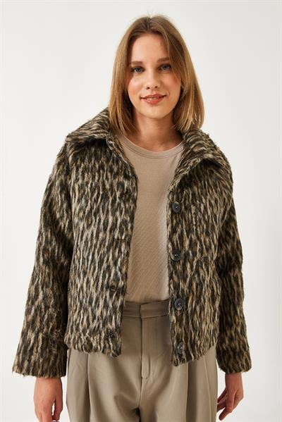 Leopar Desenli Reglan Kollu Şardonlu Ceket 60261251 - Siyah-Bej