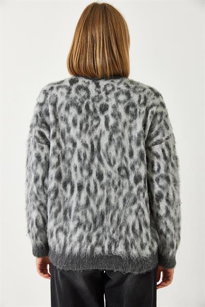 Kadın Leopar Desenli Şardonlu Triko Kazak 4597 60351279 - Gri-Antrasit
