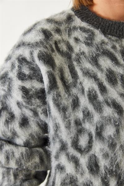 Kadın Leopar Desenli Şardonlu Triko Kazak 4597 60351279 - Gri-Antrasit