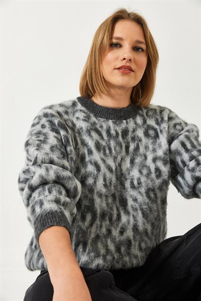 Kadın Leopar Desenli Şardonlu Triko Kazak 4597 60351279 - Gri-Antrasit