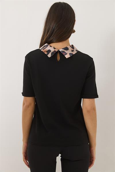 Kadın Leopar Desenli Taş Detaylı Saten Polo Yaka Kısa Kollu T-Shirt 60283147 - Siyah