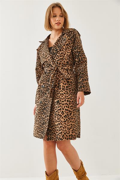 Kadın Leopar Desenli Trençkot 2490 60351110 - Siyah-Camel