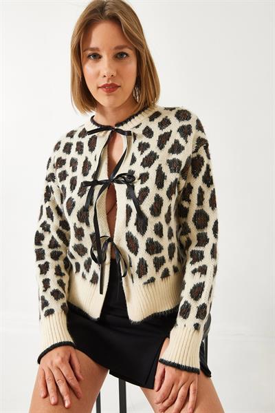 Leopar Desenli Triko Hırka 60261086 - Bej