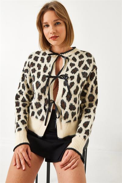 Leopar Desenli Triko Hırka 60261086 - Bej