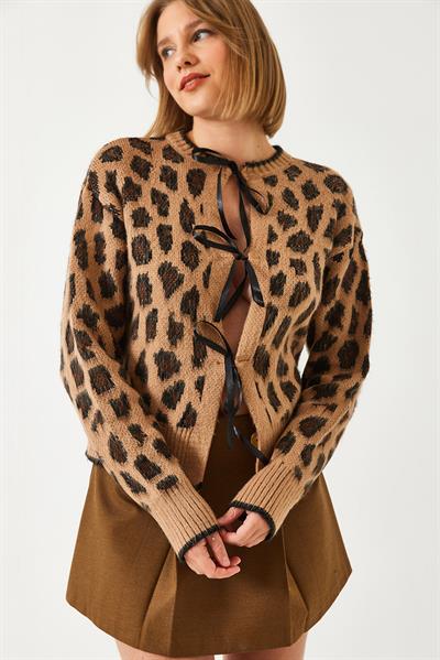 Leopar Desenli Triko Hırka 60261086 - Camel
