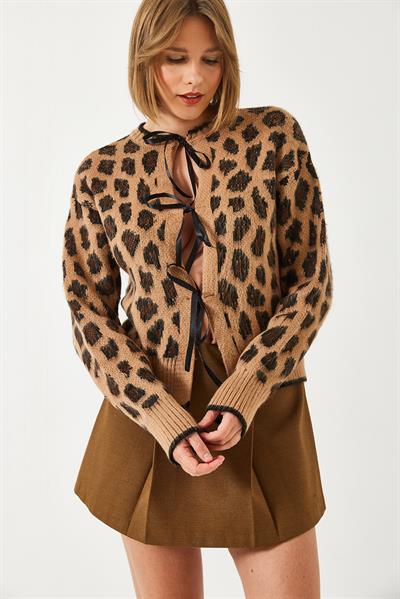 Leopar Desenli Triko Hırka 60261086 - Camel