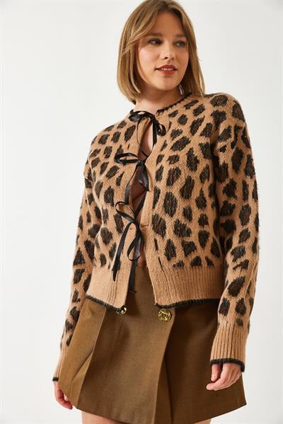 Leopar Desenli Triko Hırka 60261086 - Camel