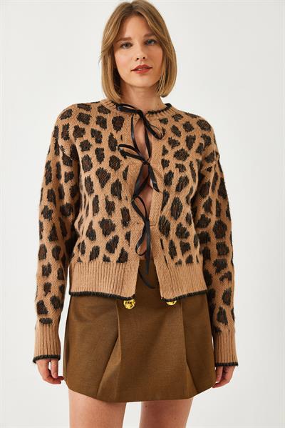 Leopar Desenli Triko Hırka 60261086 - Camel