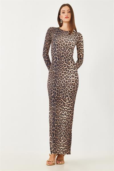 Kadın Leopar Desenli Uzun Elbise 376-1 60251887 - Kahverengi