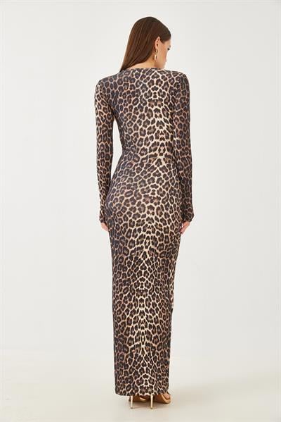 Kadın Leopar Desenli Uzun Elbise 376-1 60251887 - Kahverengi