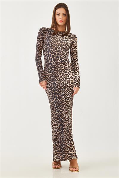 Kadın Leopar Desenli Uzun Elbise 376-1 60251887 - Kahverengi