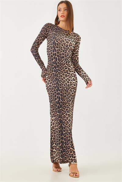 Kadın Leopar Desenli Uzun Elbise 376-1 60251887 - Kahverengi