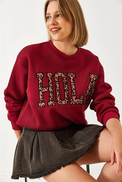 Kadın Leopar Nakışlı Üç İplik Şardonlu Sweatshirt 60261060 - Bordo