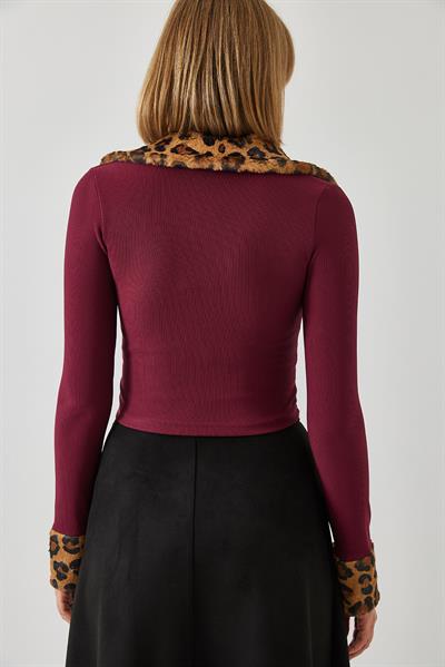 Kadın Leopar Peluşlu Fermuarlı Hırka 60261015 - Bordo