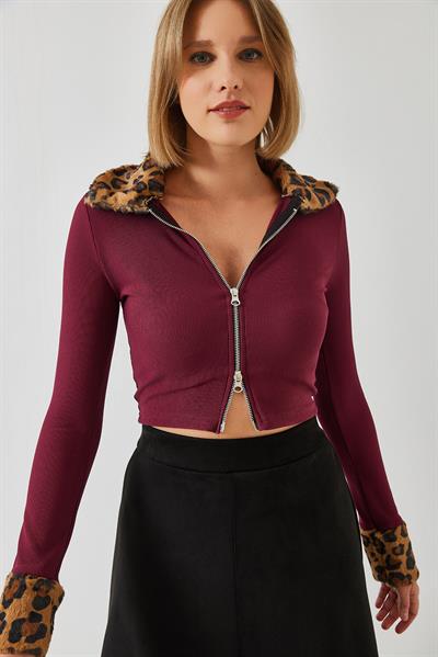 Kadın Leopar Peluşlu Fermuarlı Hırka 60261015 - Bordo