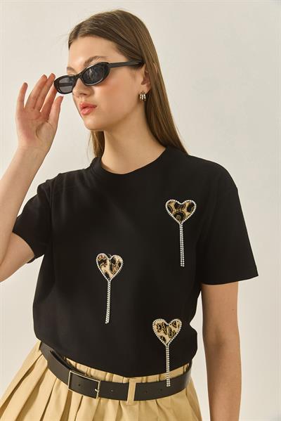 Kadın Leopar ve Taş Detaylı Kalpli Kısa Kollu T-Shirt 60602034 - Siyah