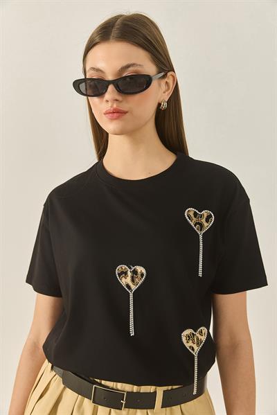 Kadın Leopar ve Taş Detaylı Kalpli Kısa Kollu T-Shirt 60602034 - Siyah