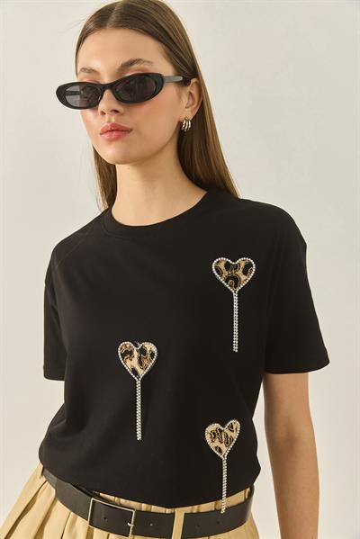 Kadın Leopar ve Taş Detaylı Kalpli Kısa Kollu T-Shirt 60602034 - Siyah