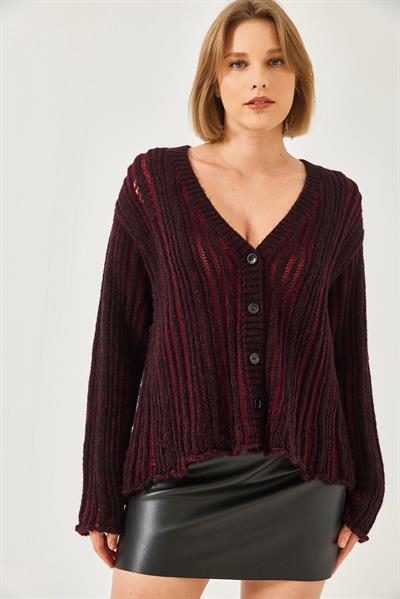 Links Örgü Salaş Triko Hırka 20246315 - Siyah-Bordo